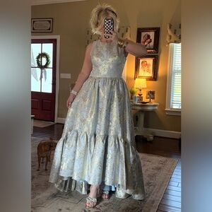 Mac Duggal Sleeveless Crew Neck High-Low Floral Print Gown